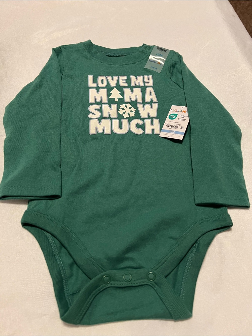Garanimals Green Long-Sleeve Baby One-Piece - "Love My Mama Snow Much"